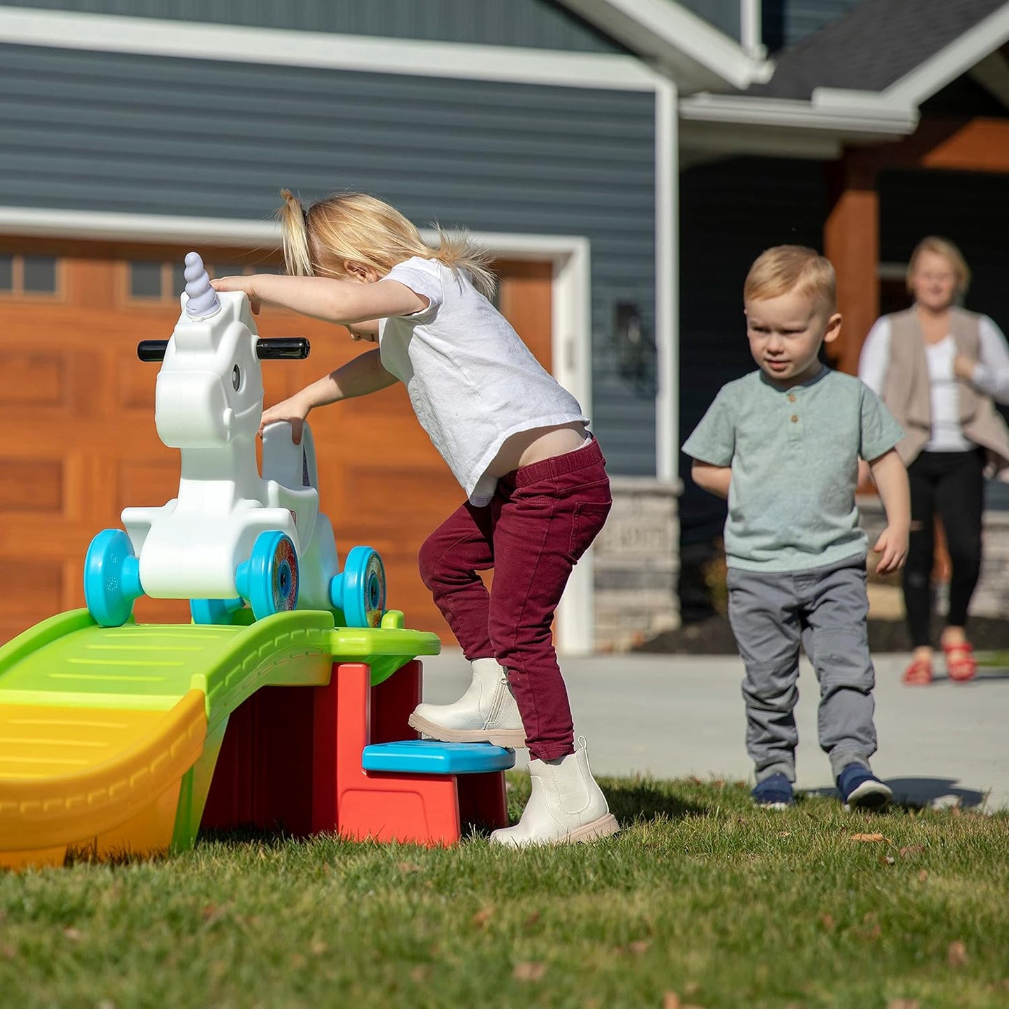 Kids Unicorn Up and Down Roller Coaster Toy, Ride Stroller, Indoor/Outdoor Toy Set