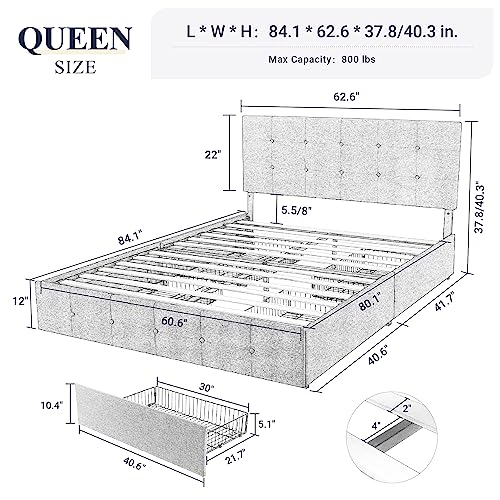 Allewie Upholstered Queen Size Platform Bed Frame with 4 Storage Drawers and Headboard