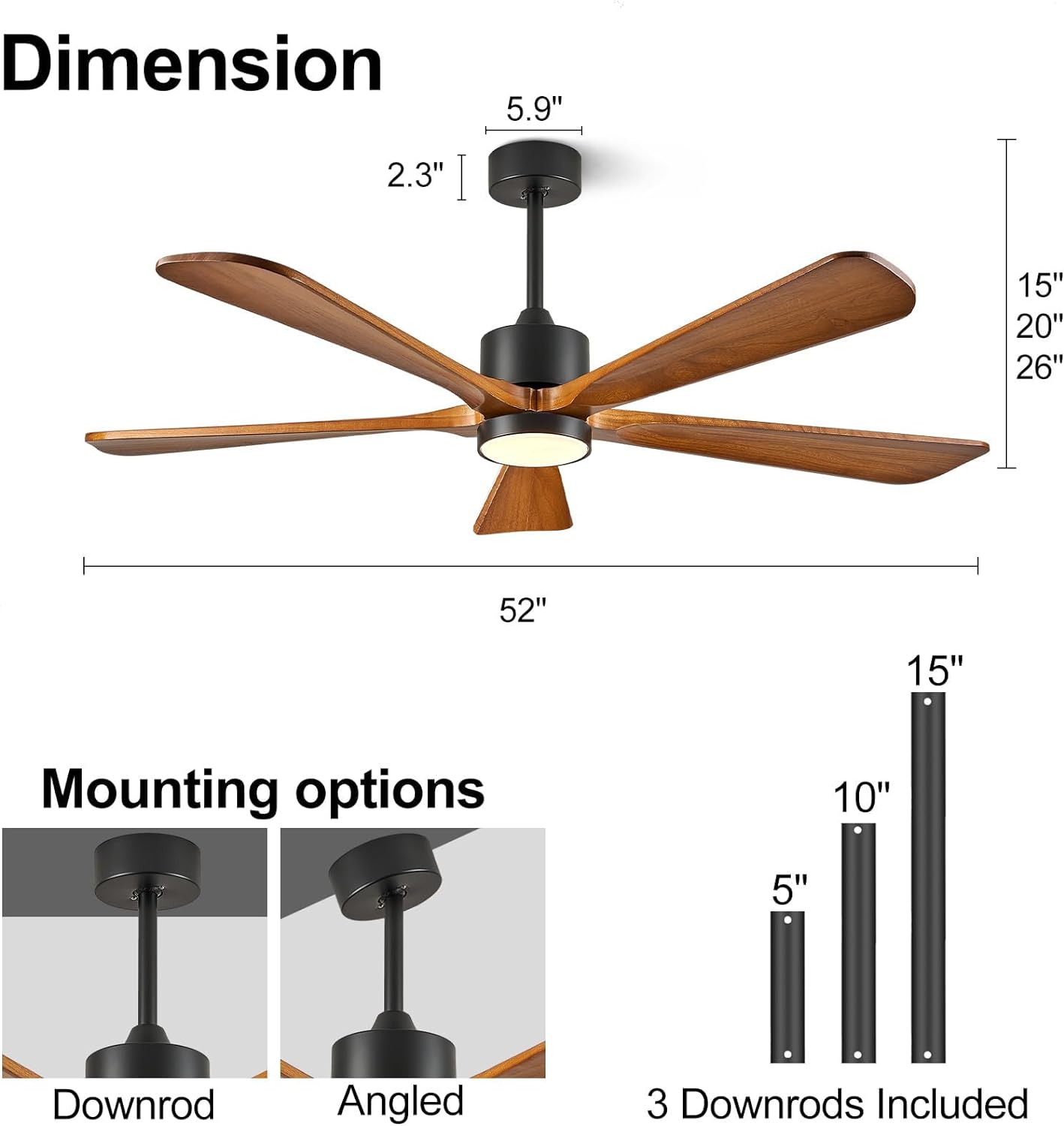 Ceiling Fans with Lights, 60 inch Outdoor Ceiling Fans with Lights for Patio and Remote Control, Modern Ceiling Fan with Light, 5 Solid Wood Blades 6-Speed Reversible DC Motor (Dark Brown)