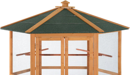 Large Wooden Hexagonal Outdoor Aviary Flight Bird Cage with Covered Roof