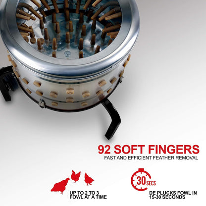 Kitchener Chicken Plucker De-Feather Remover Poultry and Fowl Food Processor Electric Stainless Steel Heavy Duty 1HP 120VAC 280RPM GFCI Connector 92 Soft Fingers 20" Drum Diameter