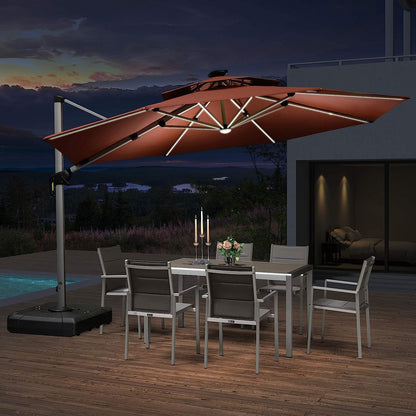 12ft Solar LED Patio Umbrella Outdoor Round Umbrella Large Cantilever Umbrella with LED Lights Windproof Bias Umbrella Heavy Duty Parasol for Garden Deck Pool Patio