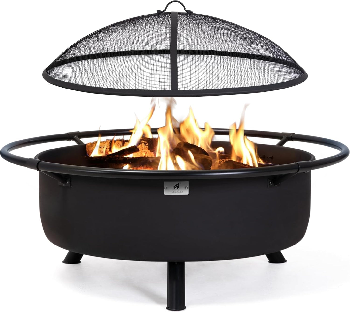 SUNCREAT 42” Patio Fire Pit Wood Burning with Mesh Spark Screen, Bonfire Outdoor firepit with Fireplace Poker, Black
