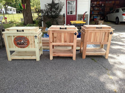 All Weather 48 Quart Antiqued Cedar Cooler Stand with Brass Drain, Bottle Opener and Cap Catcher, Beer Cooler.