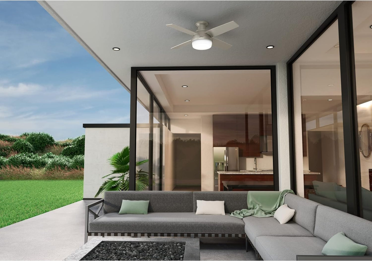 Hunter Fan Company Dempsey Low Profile Indoor / Outdoor Ceiling Fan with LED Light and Remote Control, 44", Matte Nickel