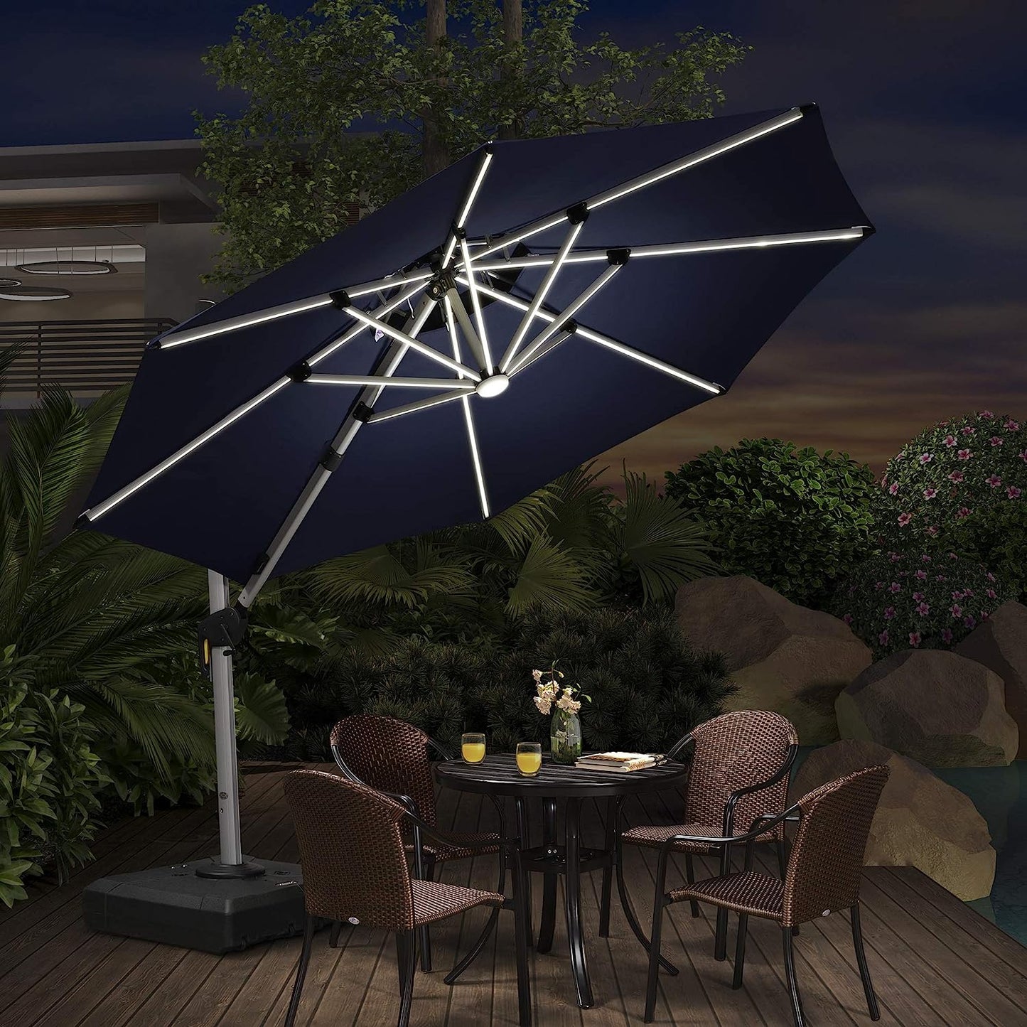 12ft Solar LED Patio Umbrella Outdoor Round Umbrella Large Cantilever Umbrella with LED Lights Windproof Bias Umbrella Heavy Duty Parasol for Garden Deck Pool Patio