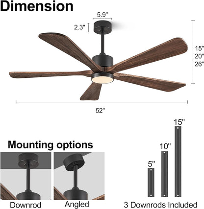 Ceiling Fans with Lights, 60 inch Outdoor Ceiling Fans with Lights for Patio and Remote Control, Modern Ceiling Fan with Light, 5 Solid Wood Blades 6-Speed Reversible DC Motor (Dark Brown)