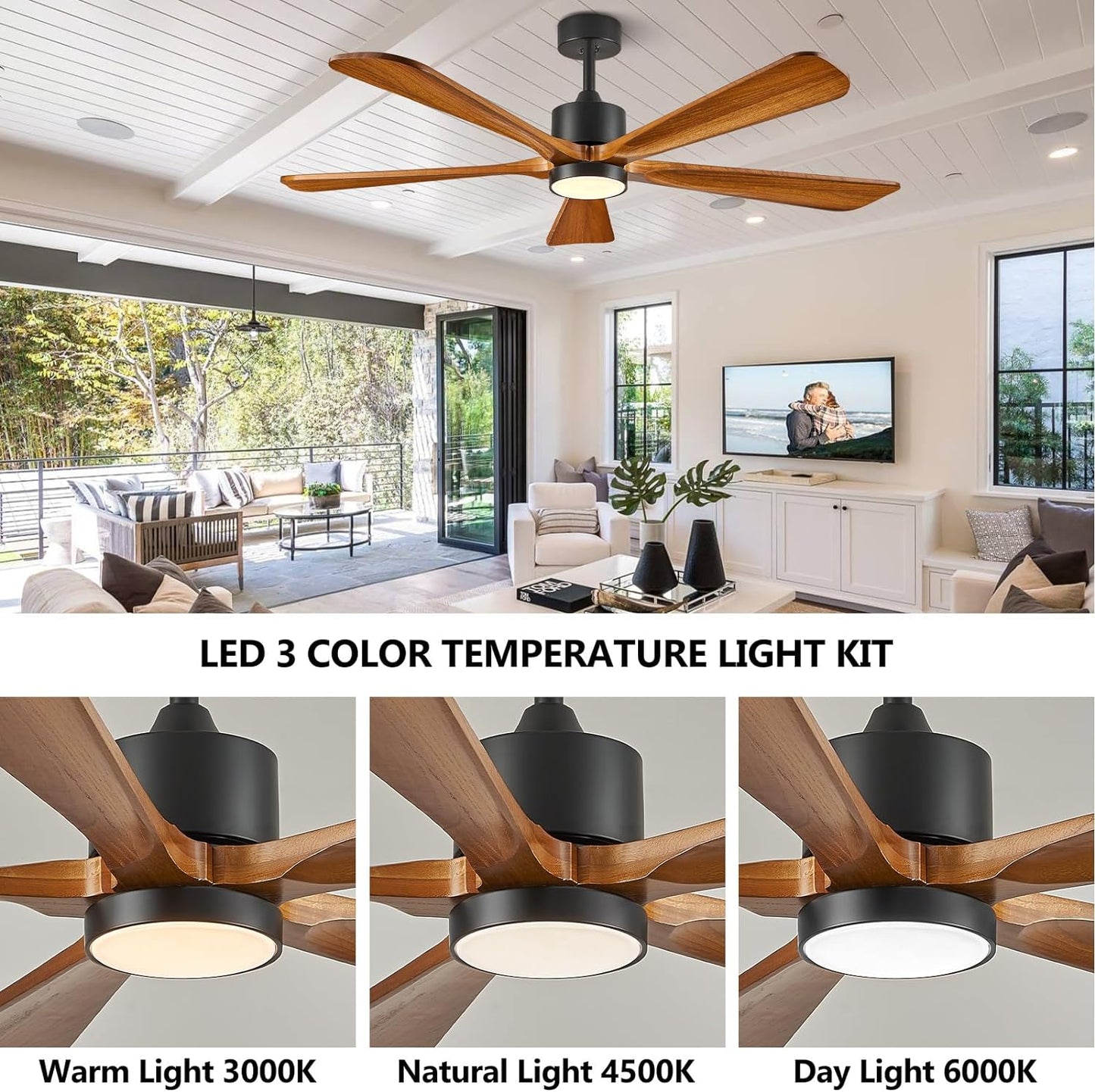Ceiling Fans with Lights, 60 inch Outdoor Ceiling Fans with Lights for Patio and Remote Control, Modern Ceiling Fan with Light, 5 Solid Wood Blades 6-Speed Reversible DC Motor (Dark Brown)