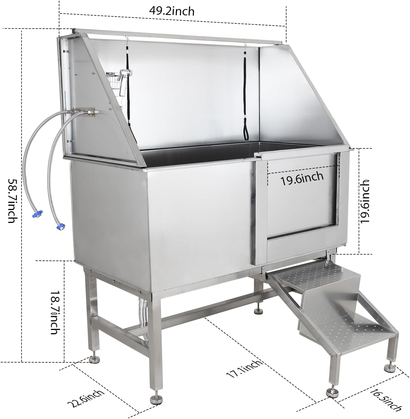 50" Dog Wash Bathtub, Pet Wash Station, Professional Stainless Steel Dog Grooming Tub with Ramp, Faucet, Sprayer, Drain Kit, Right Door