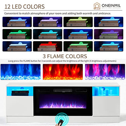 Oneinmil Fireplace TV Stand with 36" Electric Fireplace, LED Light Entertainment Center, Modern Wood, White