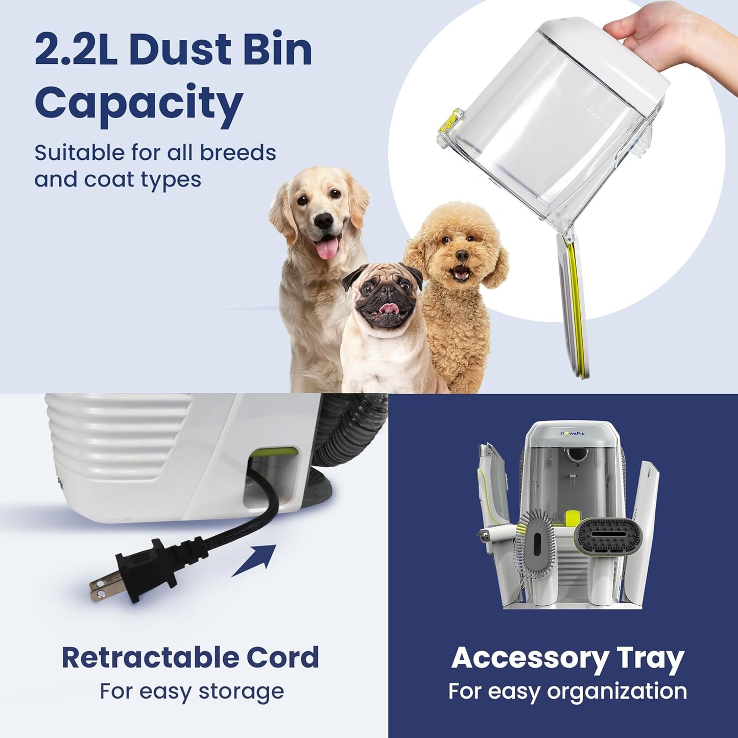 Professional Pet Grooming Vacuum Kit, Dogs & Cats, Direct Handheld Control, 7 Grooming Tools, 6 Suction Levels, Large 2.2L Dust Bin, UL, HEPA Filter