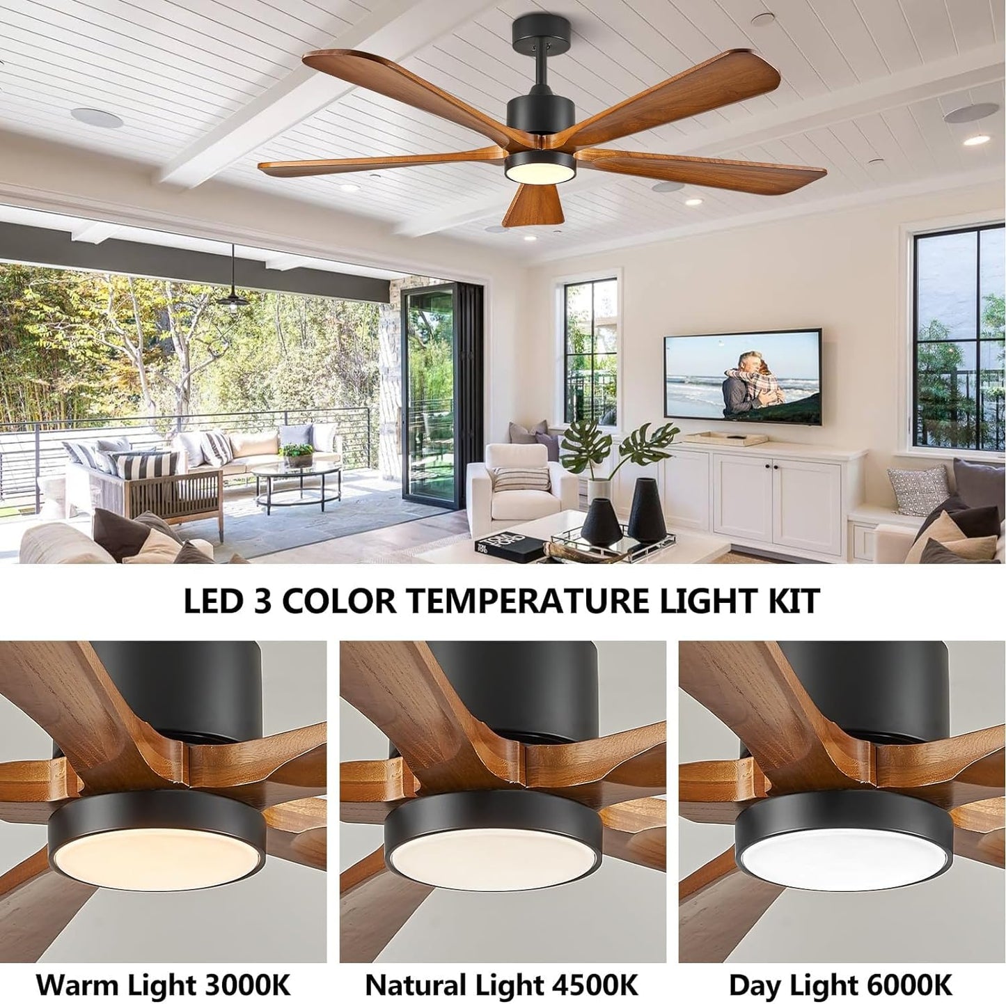 Ceiling Fans with Lights, 60 inch Outdoor Ceiling Fans with Lights for Patio and Remote Control, Modern Ceiling Fan with Light, 5 Solid Wood Blades 6-Speed Reversible DC Motor (Dark Brown)