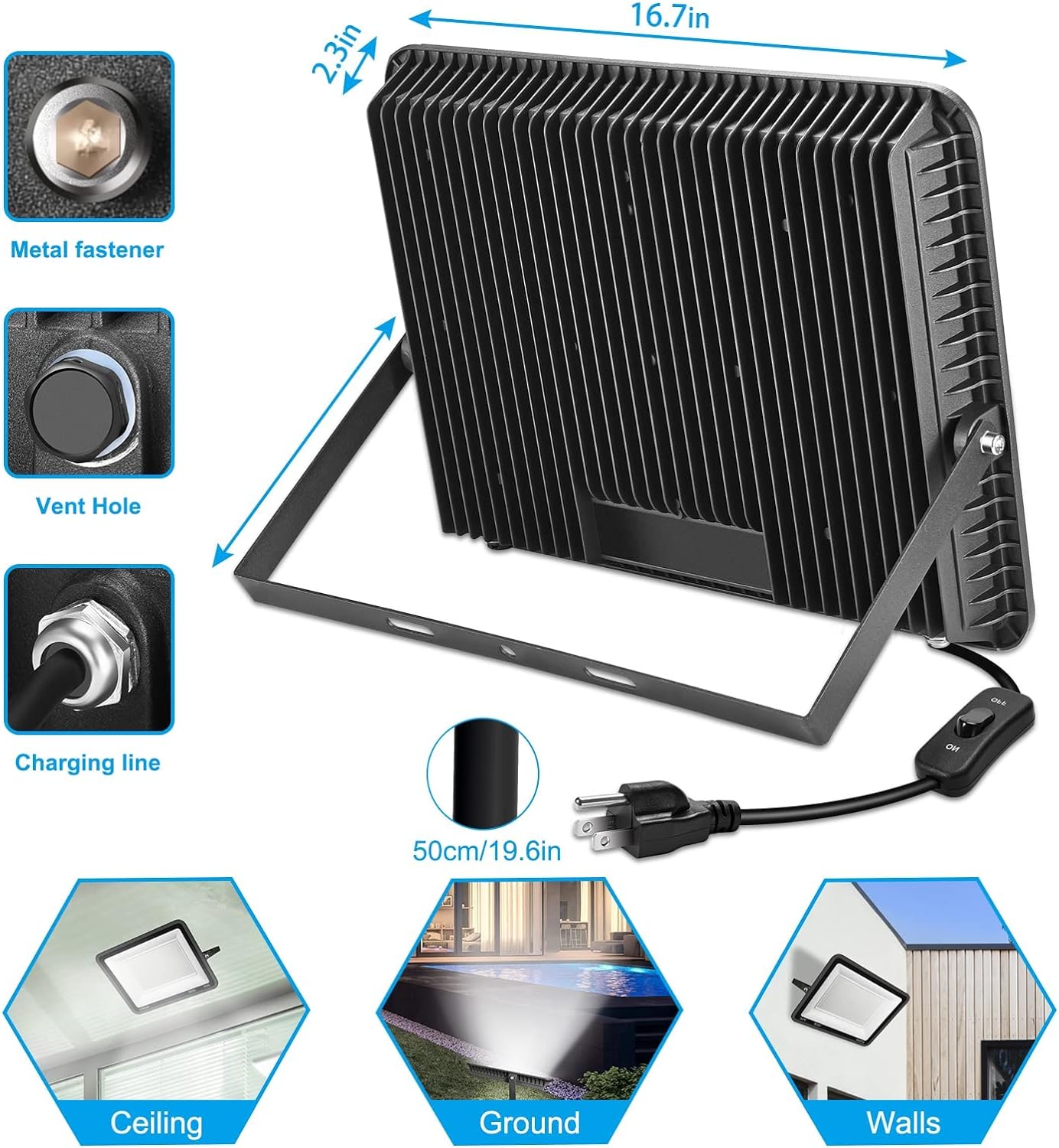 3 Pack 200W LED Flood Light,Super Bright Exterior Security Lights With Plug,IP66 Waterproof Outdoor Flood Light, 22800lm 5000K Daylight White Floodlight for Yard, Garden,Basketball Court, Arena