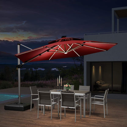 12ft Solar LED Patio Umbrella Outdoor Round Umbrella Large Cantilever Umbrella with LED Lights Windproof Bias Umbrella Heavy Duty Parasol for Garden Deck Pool Patio