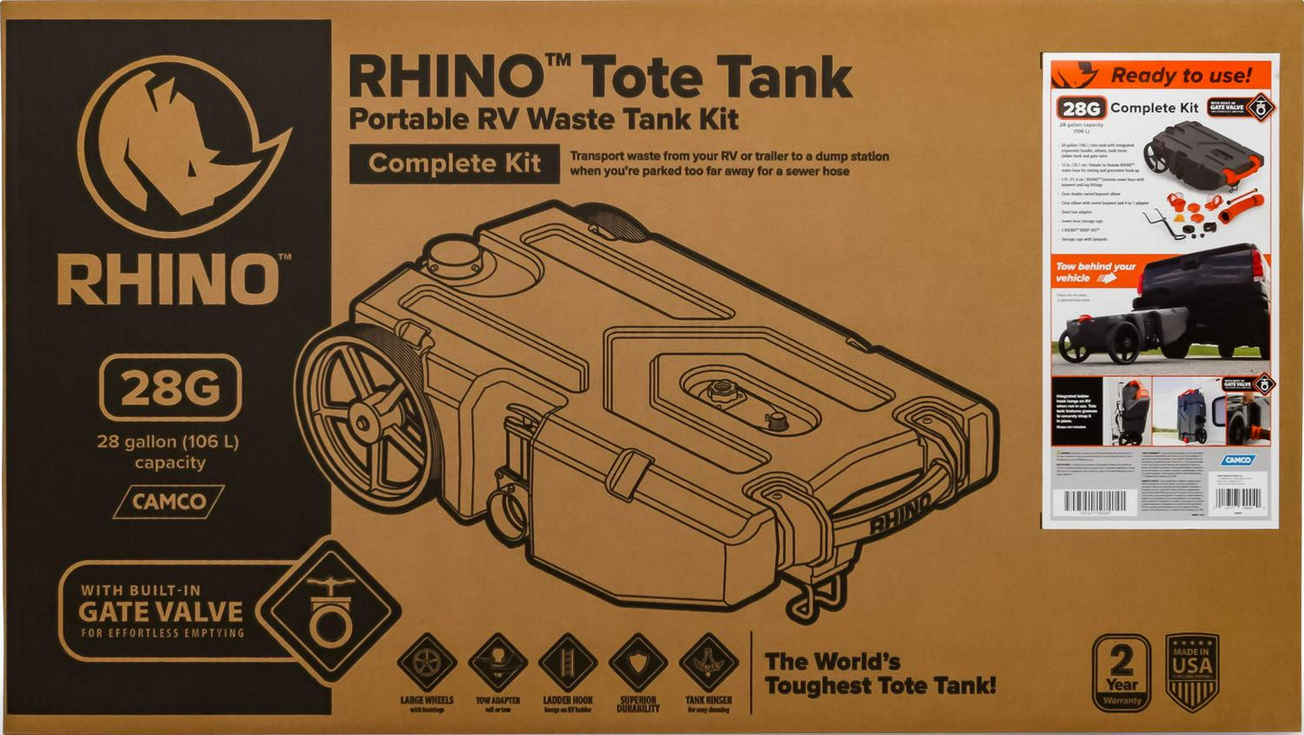 Camco Rhino Heavy Duty 28 Gallon Portable RV Waste Holding Tank with Hose and Accessories Durable Leak Free and Odorless RV Tote Tank (39004)