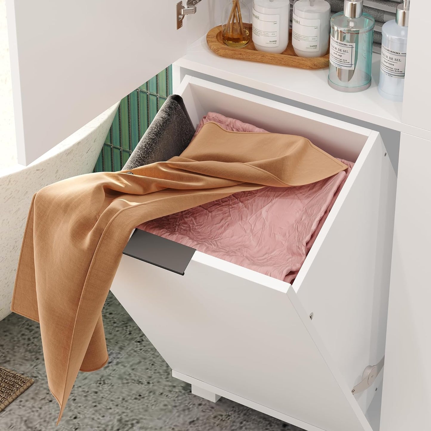 Storage cabinet with laundry basket, display cabinet