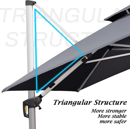 12ft Solar LED Patio Umbrella Outdoor Round Umbrella Large Cantilever Umbrella with LED Lights Windproof Bias Umbrella Heavy Duty Parasol for Garden Deck Pool Patio
