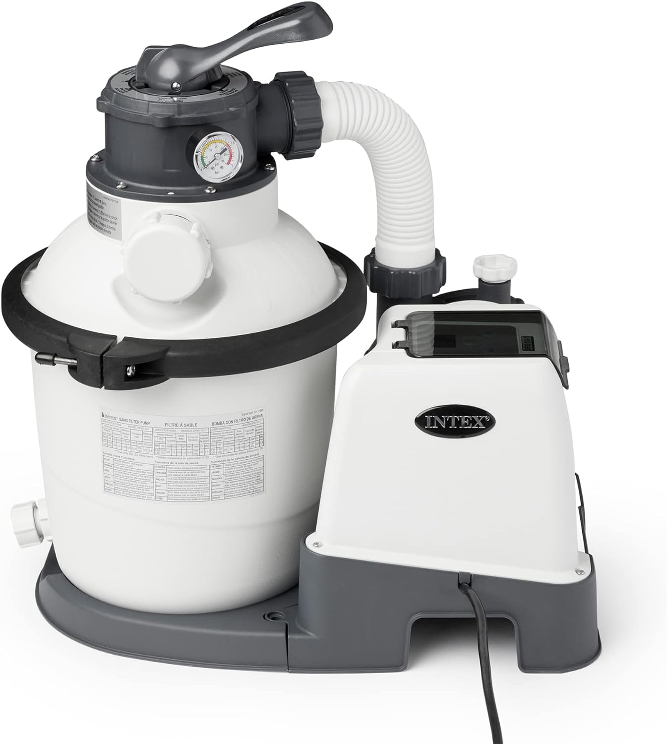 Intex 26651EG Krystal Clear 16 Inch 3,000 GPH Above Ground Pool Sand Filter Pump with Automatic Timer, GFCI, and 6 Function Control, Gray