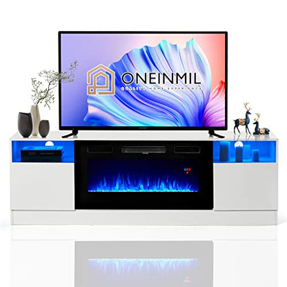 Oneinmil Fireplace TV Stand with 36" Electric Fireplace, LED Light Entertainment Center, Modern Wood, White