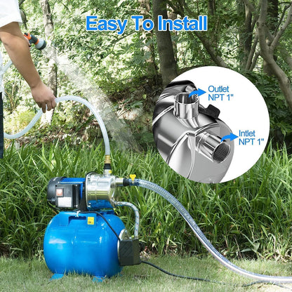1.6HP Shallow Well Pump with Pressure Tank 1268 GPH Stainless Steel Jet Pump Transfer Drainage Booster Pump Garden Sprinkler System Water Pump for Home Garden Lawn Irrigation