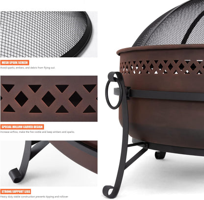 SUNCREAT 42” Patio Fire Pit Wood Burning with Mesh Spark Screen, Bonfire Outdoor firepit with Fireplace Poker, Black