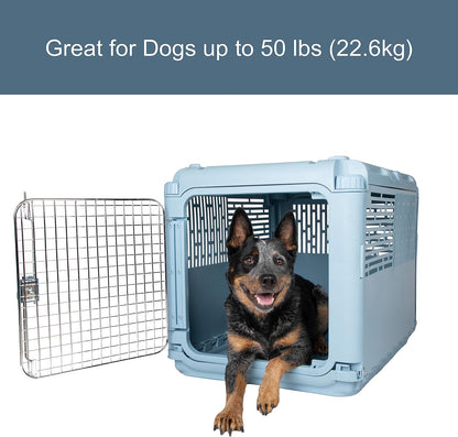 SportPet Designs Plastic Kennels Rolling Plastic Airline Approved Wire Door Travel Dog Crate, XXX-Large, Gray