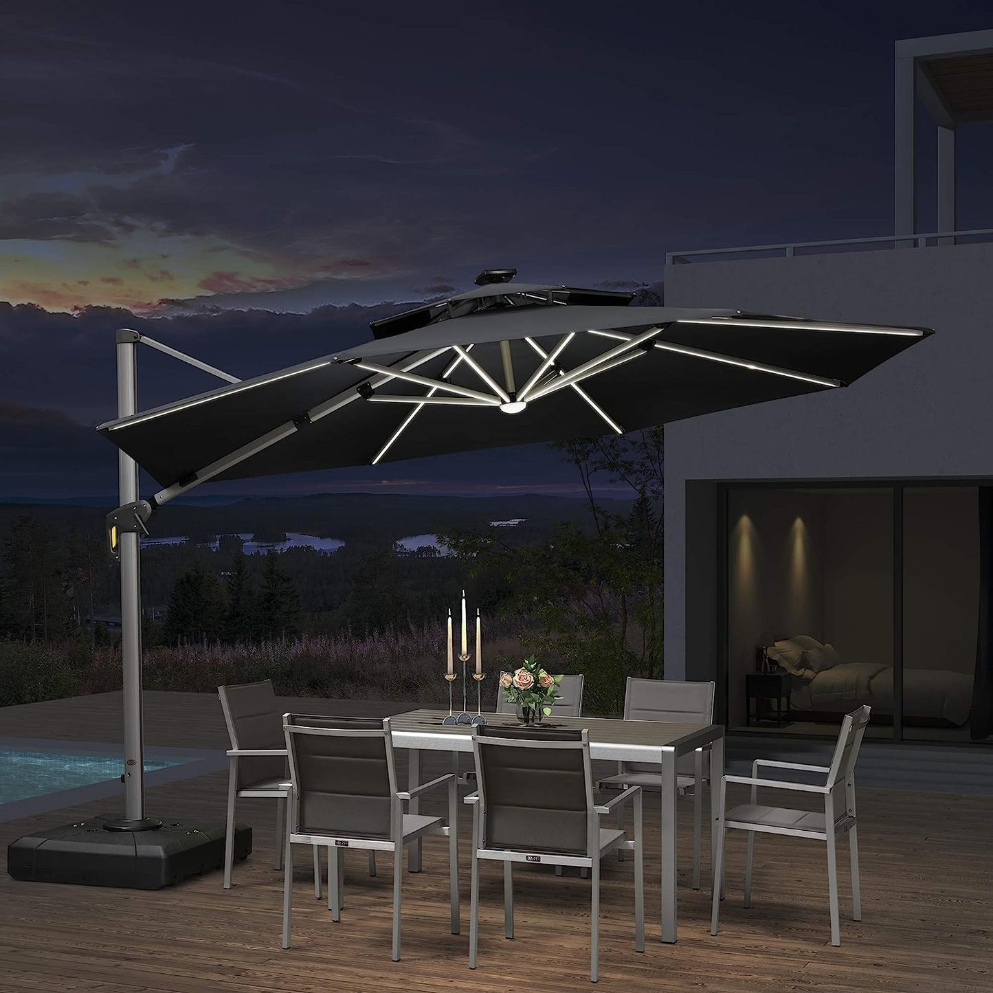 12ft Solar LED Patio Umbrella Outdoor Round Umbrella Large Cantilever Umbrella with LED Lights Windproof Bias Umbrella Heavy Duty Parasol for Garden Deck Pool Patio