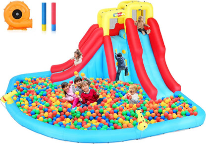 Inflatable Water Slides for Kids 8-in-1 Bounce House Water Park with 450W Blower Climbing Wall, Splash Pool, 2 Water Cannons, Basketball Hoop, Water Slide, Crocodile Sprinkler for Gift Backyard Party