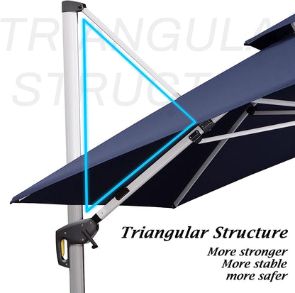 12ft Solar LED Patio Umbrella Outdoor Round Umbrella Large Cantilever Umbrella with LED Lights Windproof Bias Umbrella Heavy Duty Parasol for Garden Deck Pool Patio