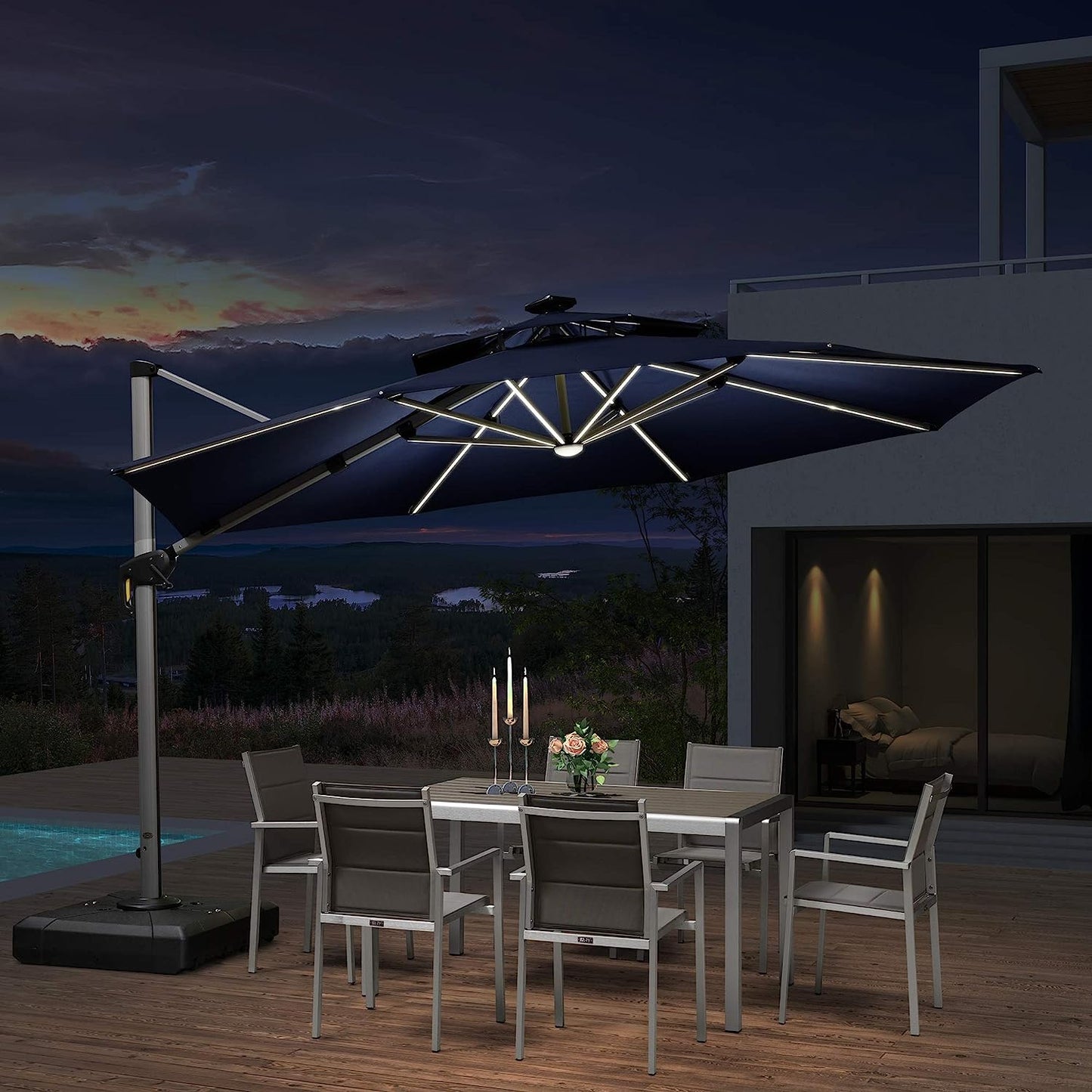 12ft Solar LED Patio Umbrella Outdoor Round Umbrella Large Cantilever Umbrella with LED Lights Windproof Bias Umbrella Heavy Duty Parasol for Garden Deck Pool Patio