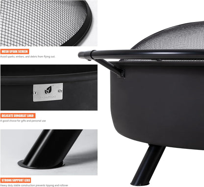 SUNCREAT 42” Patio Fire Pit Wood Burning with Mesh Spark Screen, Bonfire Outdoor firepit with Fireplace Poker, Black