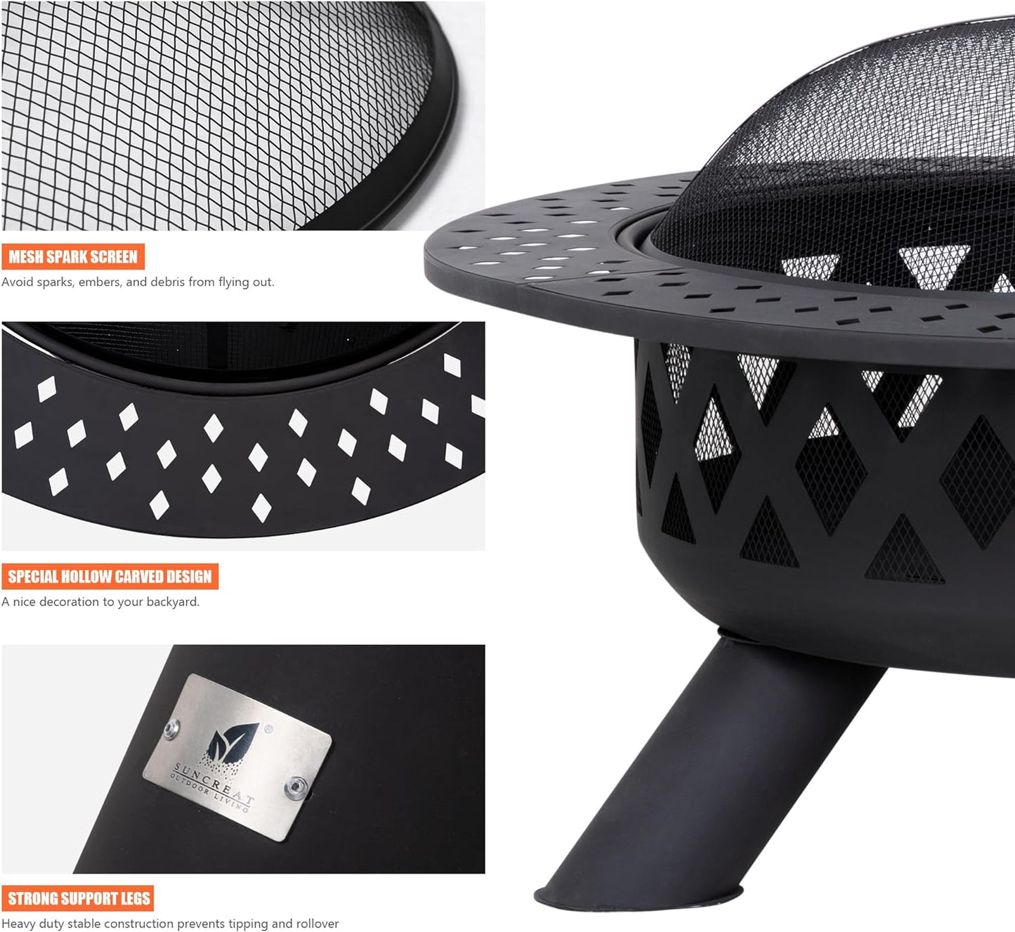 SUNCREAT 42” Patio Fire Pit Wood Burning with Mesh Spark Screen, Bonfire Outdoor firepit with Fireplace Poker, Black