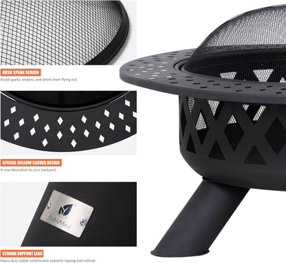 SUNCREAT 42” Patio Fire Pit Wood Burning with Mesh Spark Screen, Bonfire Outdoor firepit with Fireplace Poker, Black