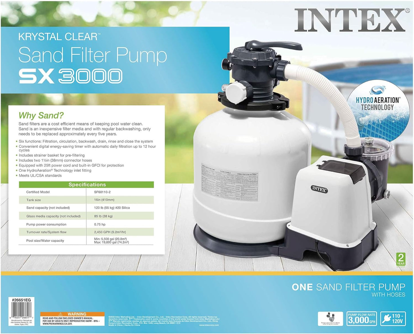 Intex 26651EG Krystal Clear 16 Inch 3,000 GPH Above Ground Pool Sand Filter Pump with Automatic Timer, GFCI, and 6 Function Control, Gray