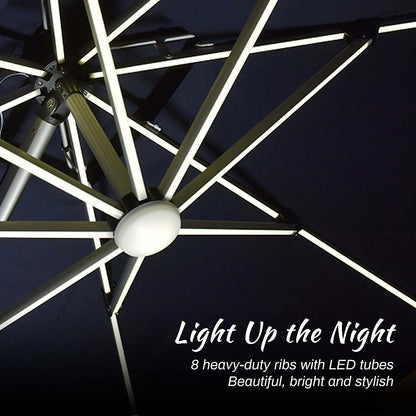 12ft Solar LED Patio Umbrella Outdoor Round Umbrella Large Cantilever Umbrella with LED Lights Windproof Bias Umbrella Heavy Duty Parasol for Garden Deck Pool Patio