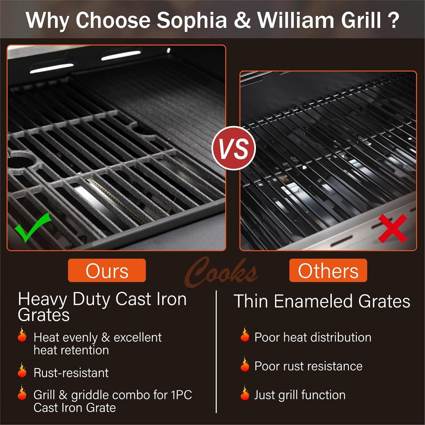 Burner Gas grill with side burner and enameled cast iron grille 42,000BTU outdoor cooking stainless steel propane grill Garden grill, silver