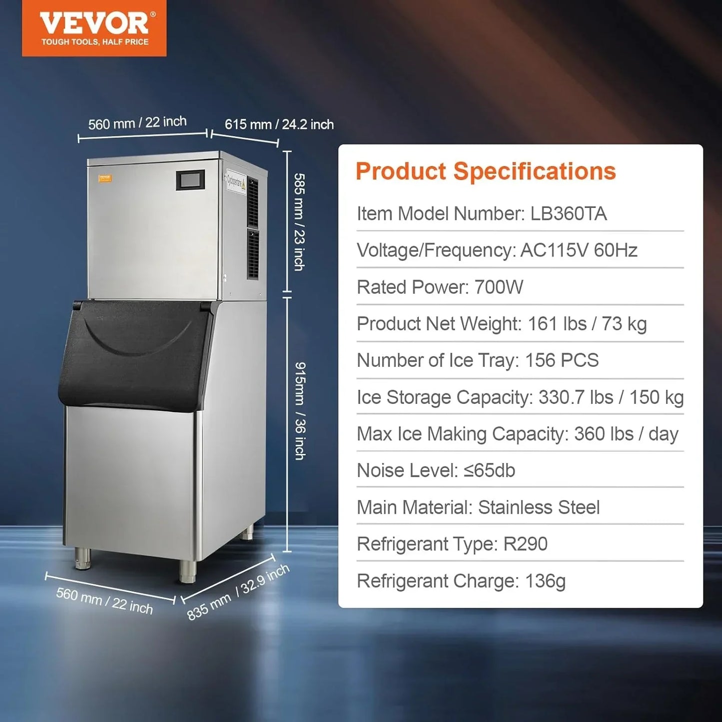 VEVOR Commercial Ice Maker, 360LBS/24H Ice Making Machine with 330.7LBS Large Storage Bin