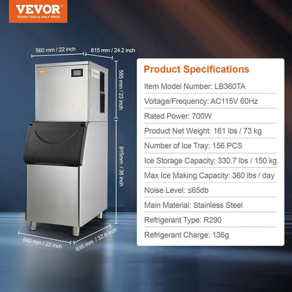VEVOR Commercial Ice Maker, 360LBS/24H Ice Making Machine with 330.7LBS Large Storage Bin