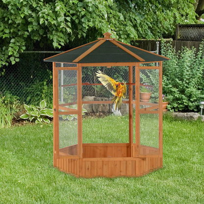 Large Wooden Hexagonal Outdoor Aviary Flight Bird Cage with Covered Roof