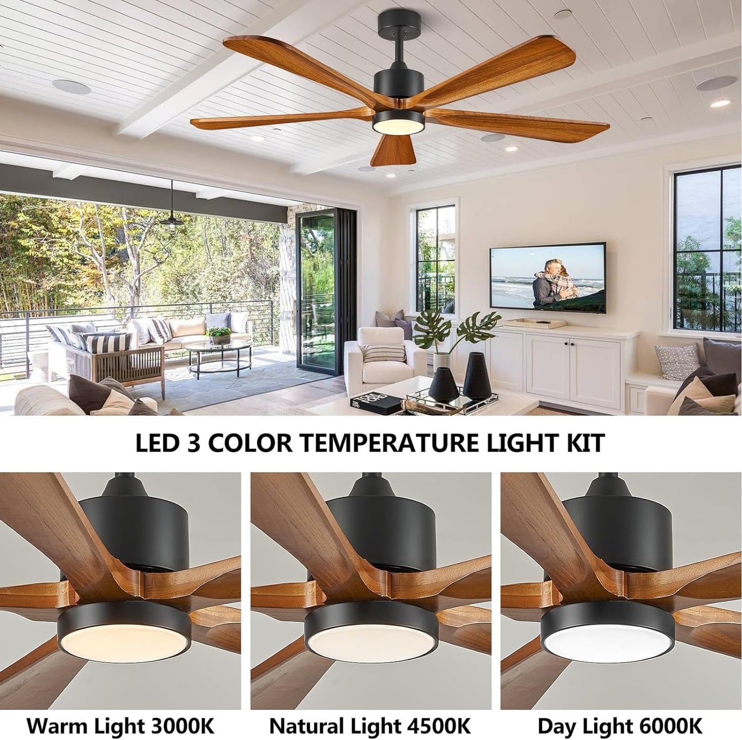 Ceiling Fans with Lights, 60 inch Outdoor Ceiling Fans with Lights for Patio and Remote Control, Modern Ceiling Fan with Light, 5 Solid Wood Blades 6-Speed Reversible DC Motor (Dark Brown)