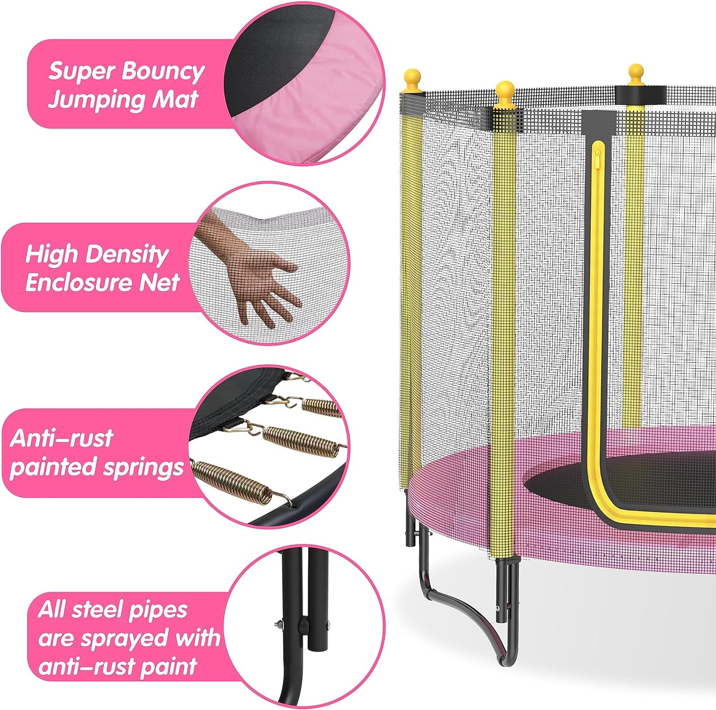 60" Kids Trampoline with Safety Enclosure Net, 5FT Toddler Indoor & Outdoor Trampoline/w Basketball Hoop - Parent-Child Interactive Game Fitness Trampoline Toy Gift for Boys and Girls Age 1-8