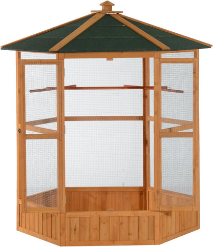 Large Wooden Hexagonal Outdoor Aviary Flight Bird Cage with Covered Roof