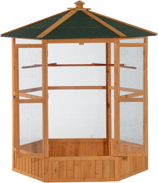 Large Wooden Hexagonal Outdoor Aviary Flight Bird Cage with Covered Roof