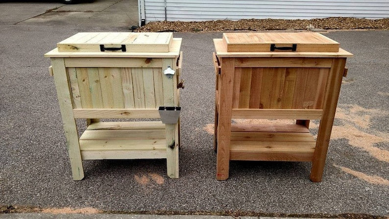 All Weather 48 Quart Antiqued Cedar Cooler Stand with Brass Drain, Bottle Opener and Cap Catcher, Beer Cooler.