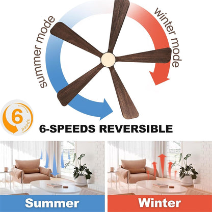 Ceiling Fans with Lights, 60 inch Outdoor Ceiling Fans with Lights for Patio and Remote Control, Modern Ceiling Fan with Light, 5 Solid Wood Blades 6-Speed Reversible DC Motor (Dark Brown)