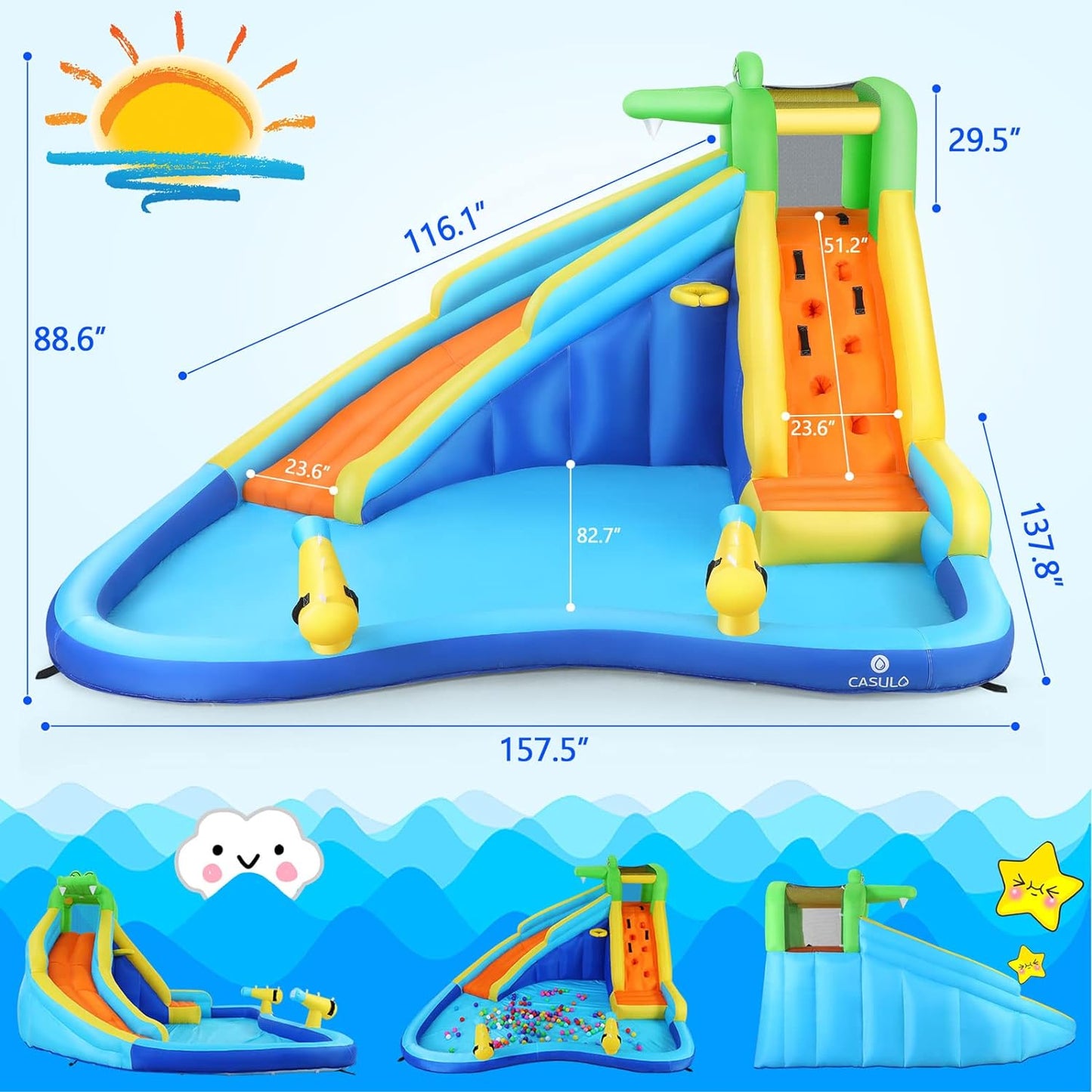 Inflatable Water Slides for Kids 8-in-1 Bounce House Water Park with 450W Blower Climbing Wall, Splash Pool, 2 Water Cannons, Basketball Hoop, Water Slide, Crocodile Sprinkler for Gift Backyard Party
