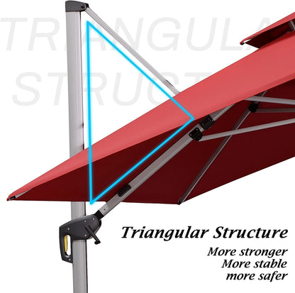 12ft Solar LED Patio Umbrella Outdoor Round Umbrella Large Cantilever Umbrella with LED Lights Windproof Bias Umbrella Heavy Duty Parasol for Garden Deck Pool Patio