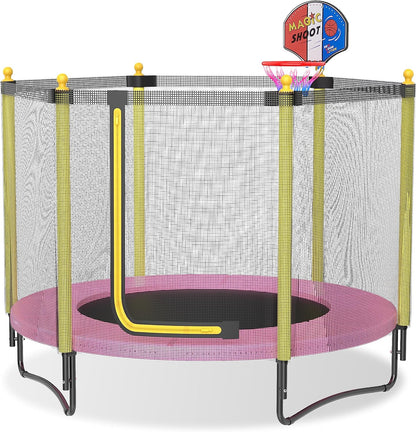 60" Kids Trampoline with Safety Enclosure Net, 5FT Toddler Indoor & Outdoor Trampoline/w Basketball Hoop - Parent-Child Interactive Game Fitness Trampoline Toy Gift for Boys and Girls Age 1-8