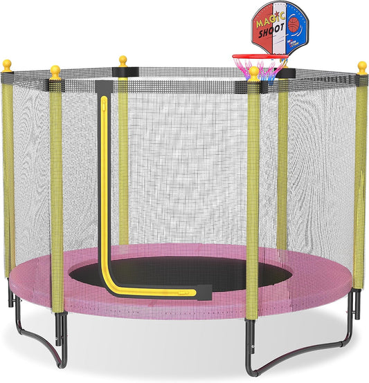 60" Kids Trampoline with Safety Enclosure Net, 5FT Toddler Indoor & Outdoor Trampoline/w Basketball Hoop - Parent-Child Interactive Game Fitness Trampoline Toy Gift for Boys and Girls Age 1-8