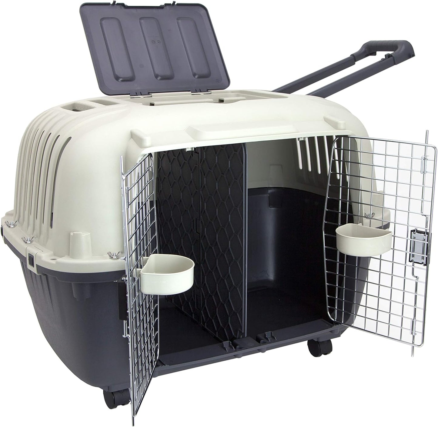 SportPet Designs Plastic Kennels Rolling Plastic Airline Approved Wire Door Travel Dog Crate, XXX-Large, Gray